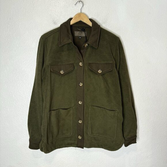 Blank NYC Womens Large Fleece Shacket Jacket Olive Green‎ Brown New Pockets Fall - Picture 1 of 13